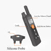 A black electric dog training collar with a mirror panel and silicone probe is shown.