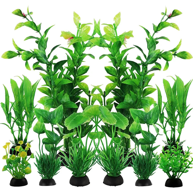 A set of ten artificial green plastic water grass plants for fish tanks.