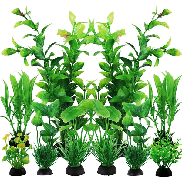 A set of ten artificial green plastic water grass plants for fish tanks.