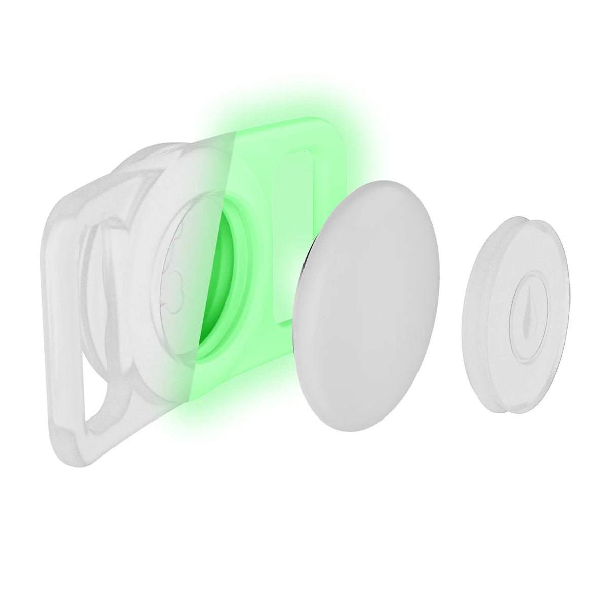 A silicone airtag holder with a green light illuminates the pet collar attachment.
