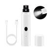 A white quiet rechargeable pet nail grinder with a black cap and charging cable.