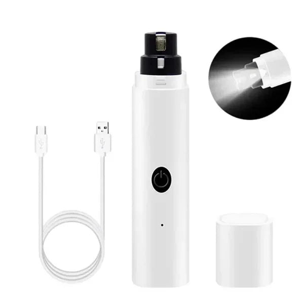 A white quiet rechargeable pet nail grinder with a black cap and charging cable.