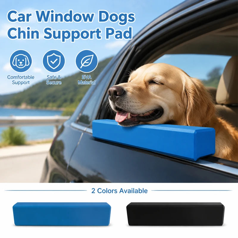 Blue and black EVA foam chin support pad for dogs placed on a car window.