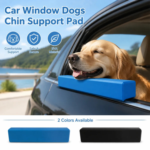 Blue and black EVA foam chin support pad for dogs placed on a car window.