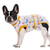 A black and white dog wearing a yellow patterned cotton recovery suit.