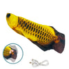 A yellow and black electric floppy fish cat toy with a visible electrical cord.