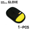 A black silicone glove with a yellow pad is shown for hair removal.