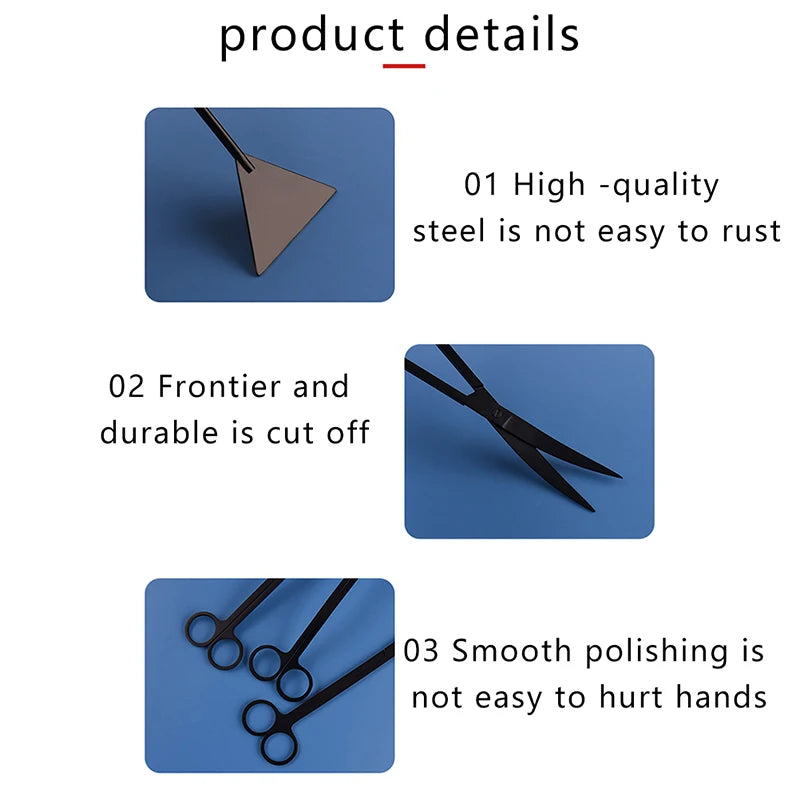 Product details showing three points: high-quality steel resistance to rust, durable cutting edge, and smooth polishing for s