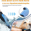 A hand wearing a blue and black pet grooming glove is removing hair from a dog's fur.