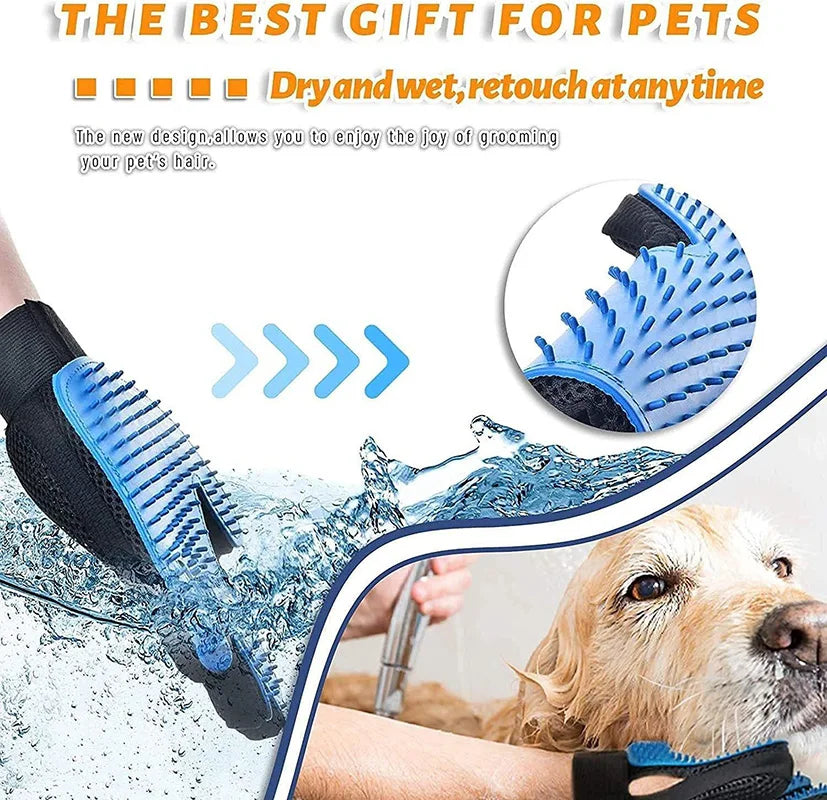 A hand wearing a blue and black pet grooming glove is removing hair from a dog's fur.