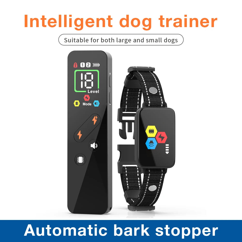 A black intelligent dog trainer device with a screen and a watch-style collar and remote control.