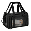 Black travel pet carrier bag with a mesh window showing a small orange and white kitten.