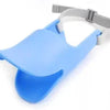 A light blue silicone duckbill dog muzzle with a gray adjustable strap.
