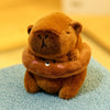 A fluffy brown capybara plush doll wearing a hoodie with small wings, sitting on a light blue surface.