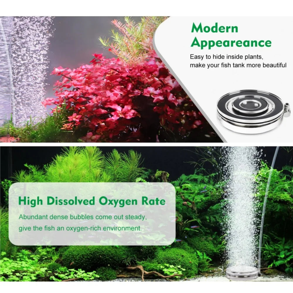 Acrylic fish tank air stones creating bubbles in a lush green aquatic environment.