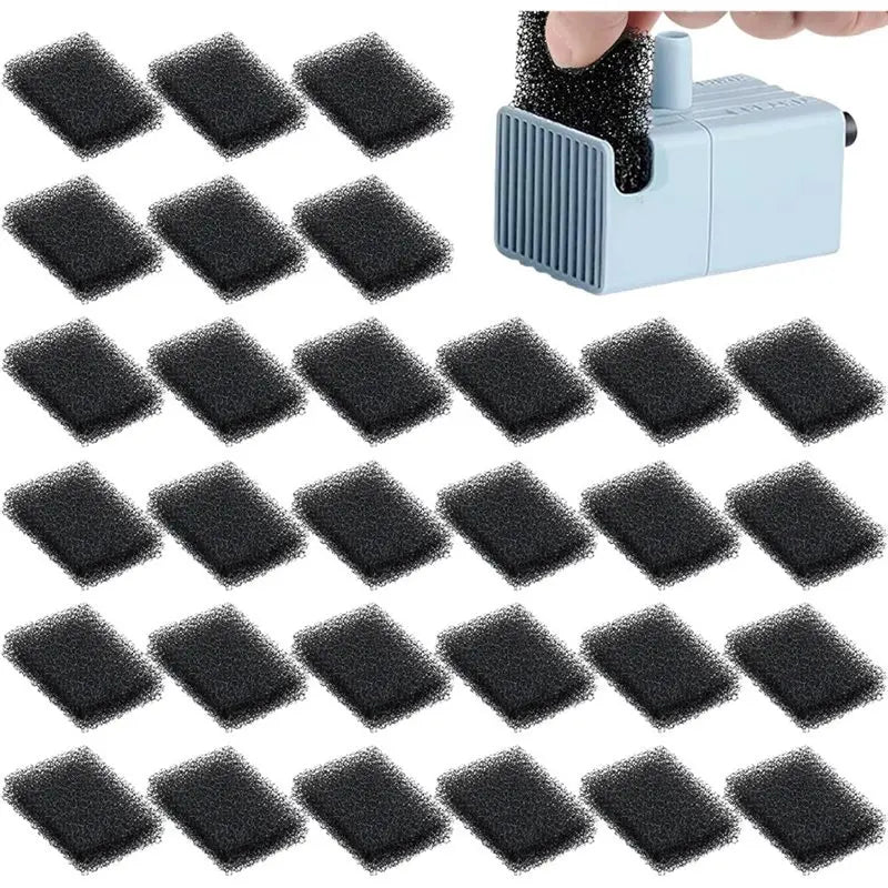 A collection of black replacement foam filters for pet water fountains shown next to a device.