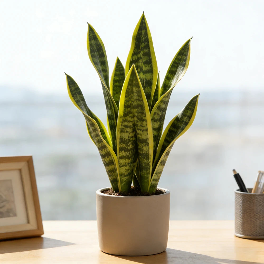 Artificial snake plant in green tiger piran style potted on a wooden table
