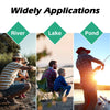 Three diamond icons labeled River, Lake, and Pond illustrate widely applicable fishing locations.