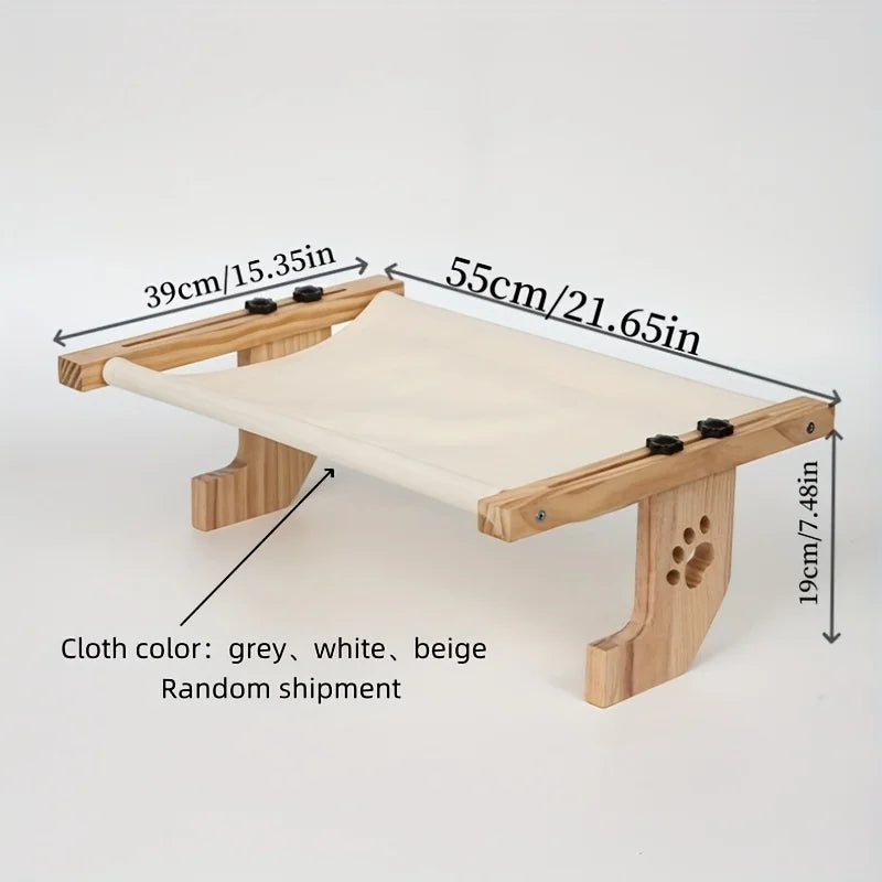 Natürliche Holzkatzenfenster-Hängematte mit leichter Stoff, horizontal dargestellt.