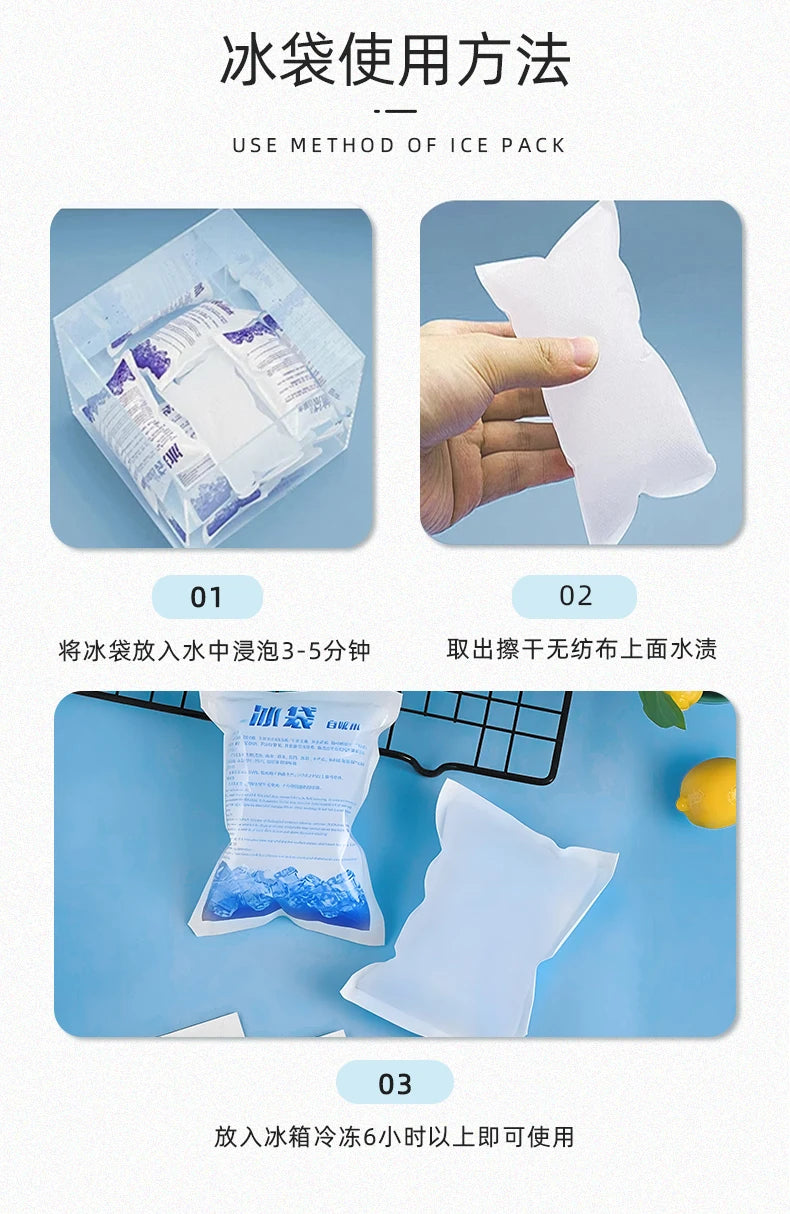 Instructions for using an ice pack showing how to immerse the pack in water and use it for cooling