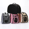 A black breathable pet carrier backpack for cats and small dogs shown in various colors.