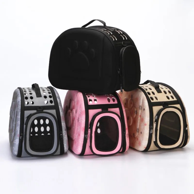 A black breathable pet carrier backpack for cats and small dogs shown in various colors.
