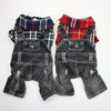 A pair of plaid denim overalls for a small dog, featuring red and blue checks.