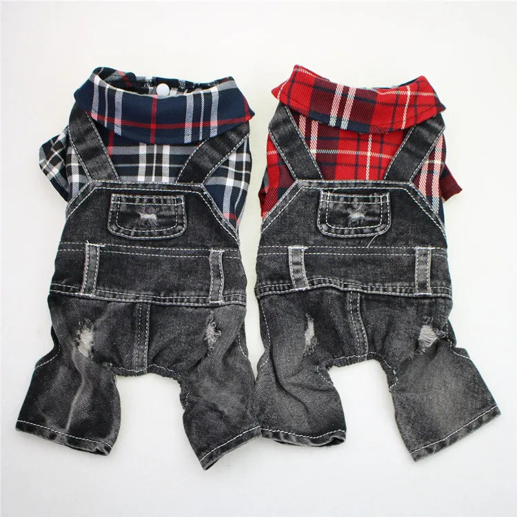 A pair of plaid denim overalls for a small dog, featuring red and blue checks.