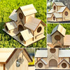 A collection of handmade wooden bird houses in various designs and sizes placed on green grass.
