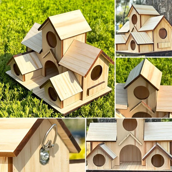 A collection of handmade wooden bird houses in various designs and sizes placed on green grass.