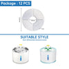 A package of 12 replacement filters for pet water fountains, shown alongside two white and blue water fountain components.