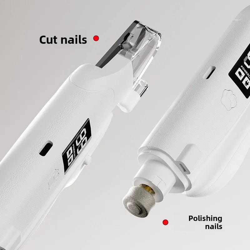 A white 2-in-1 pet nail trimmer and grinder tool showing both the cutting and polishing attachments.