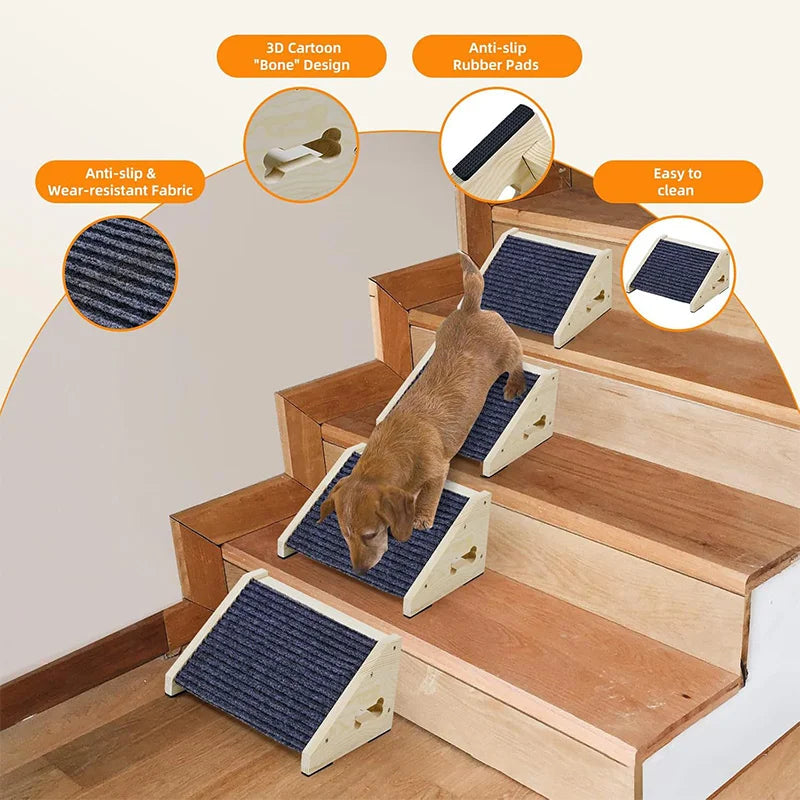 Solid wood pet stairs with non-slip steps featuring anti-slip rubber pads and a bone design for pet climbing.