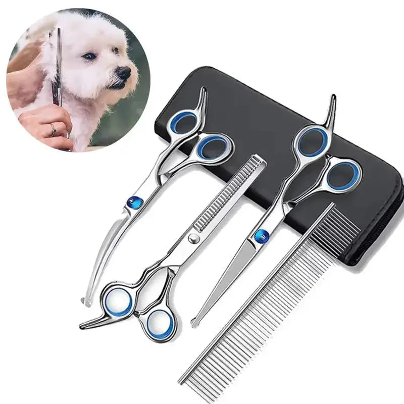 A set of premium titanium dog grooming scissors and a brush shown next to a dog's head.