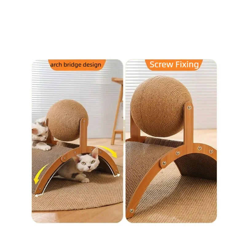 Wooden cat scratcher ball with sisal surface showing arch bridge design and screw fixing