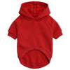 A red knitted hoodie for a dog, featuring a hood and a ribbed hem.