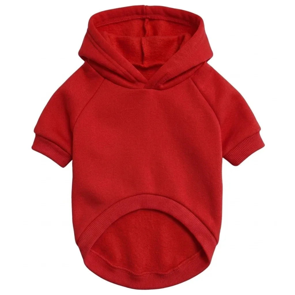 A red knitted hoodie for a dog, featuring a hood and a ribbed hem.