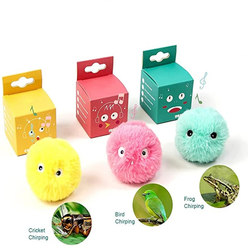 A set of five interactive cat sounding toys in yellow, pink, and green, demonstrating chirping sounds.