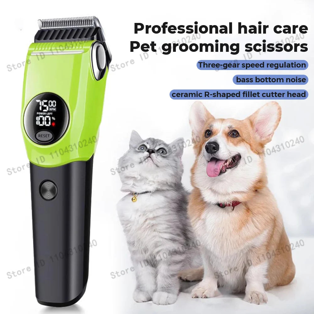 A green pet grooming scissor with a black handle is shown next to two dogs and a cat.