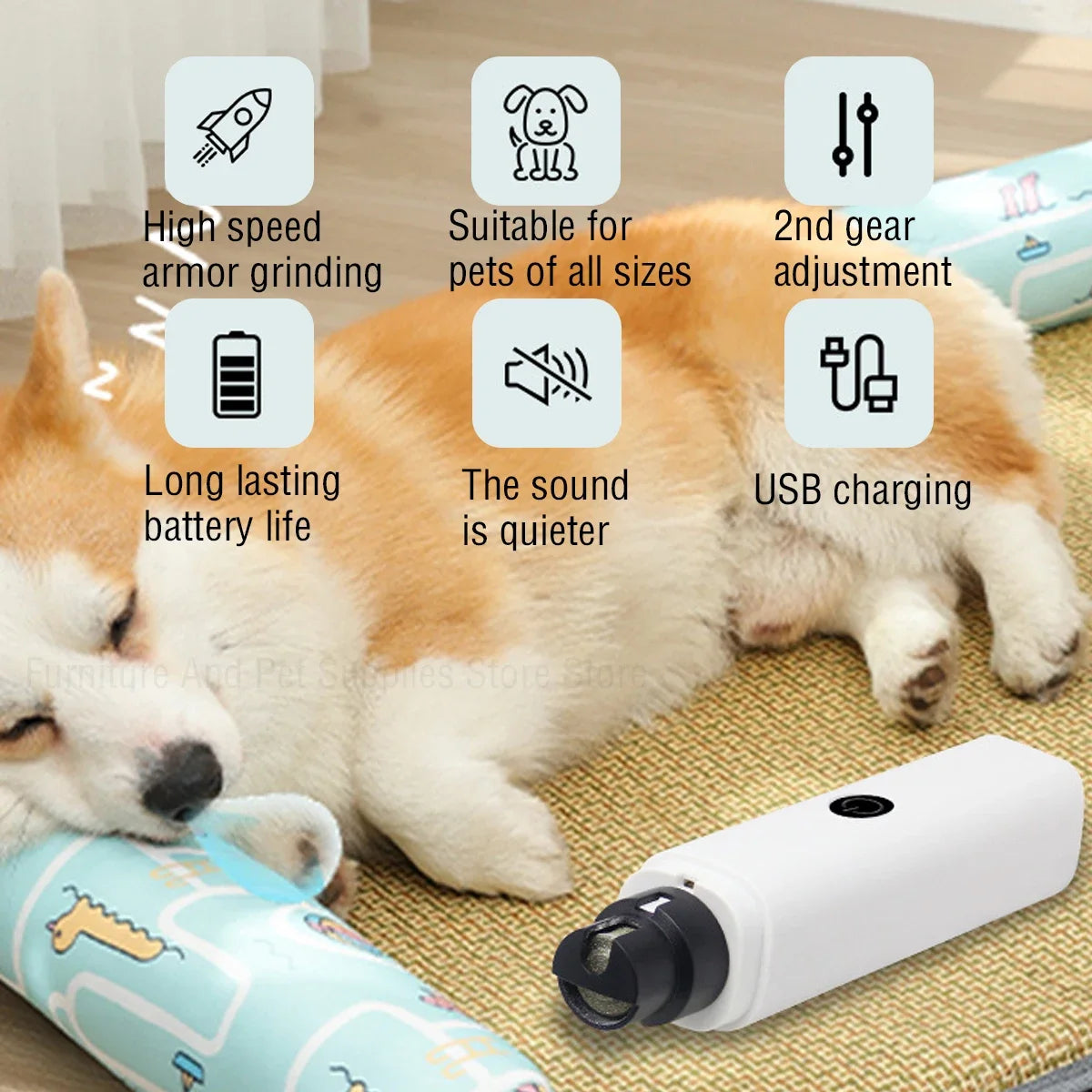A fluffy orange dog is lying down next to a white electric dog nail grinder device.