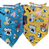 Two colorful cotton pet bandanas featuring various animal illustrations for dogs and cats