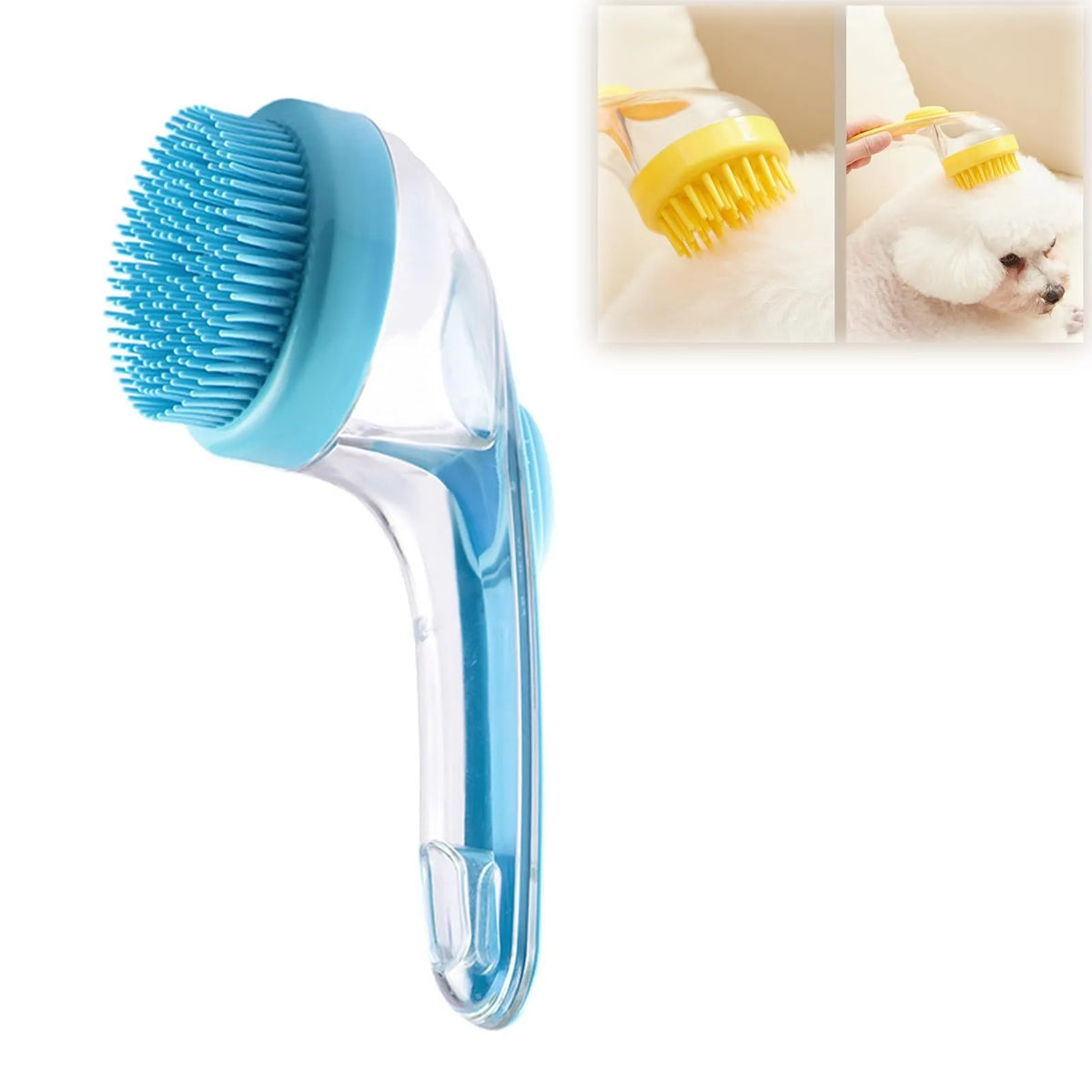 A clear and blue silicone pet bath brush with a yellow shampoo dispenser shown next to a white dog.