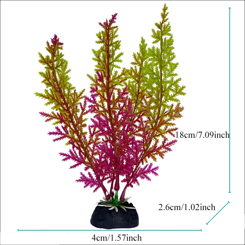 Plante aquatique artificielle vibrante avec des feuilles pourpres-rouges et vert lime dans un pot noir.