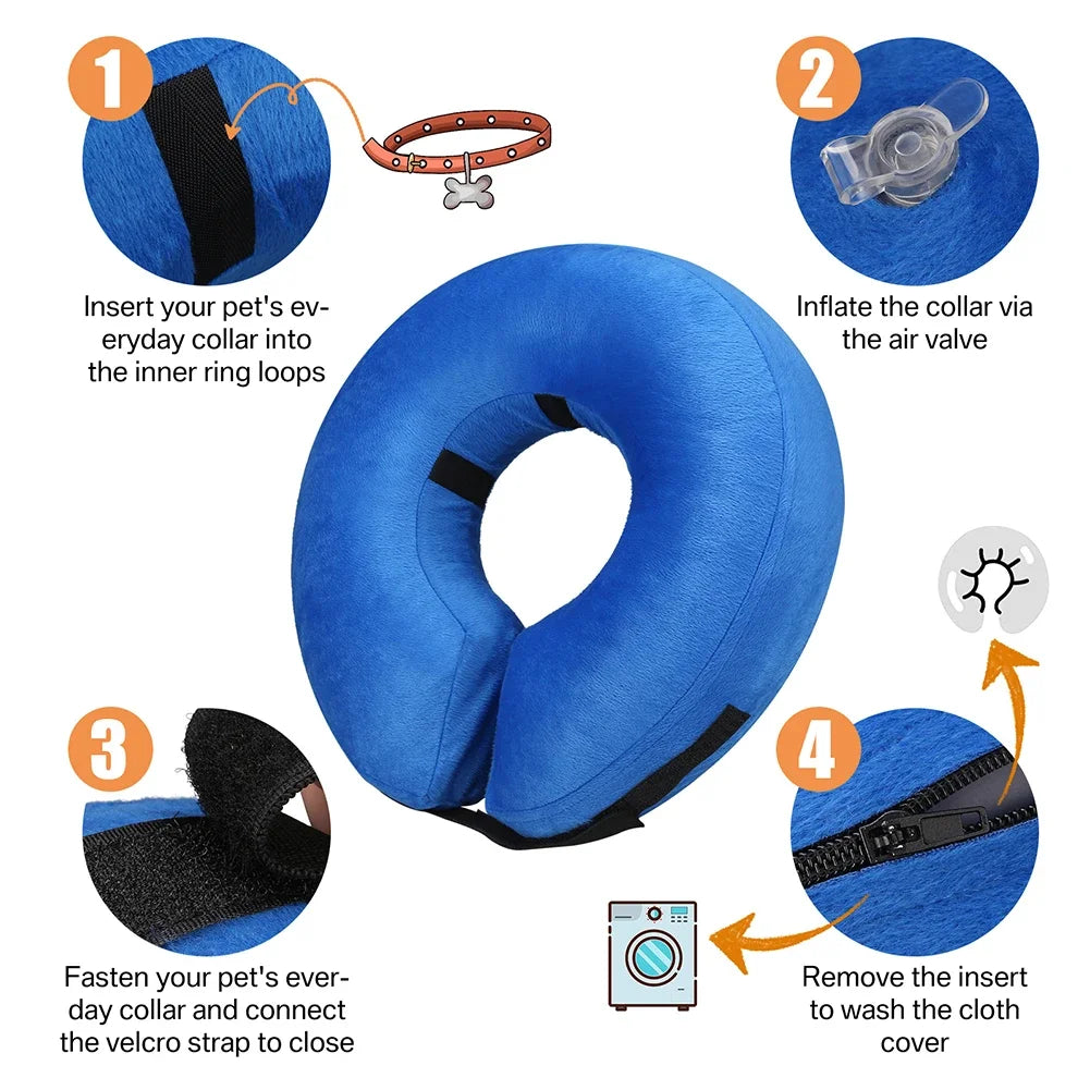 Instructions show how to insert a collar, inflate the air valve, fasten the velcro strap, and remove the insert from the clot