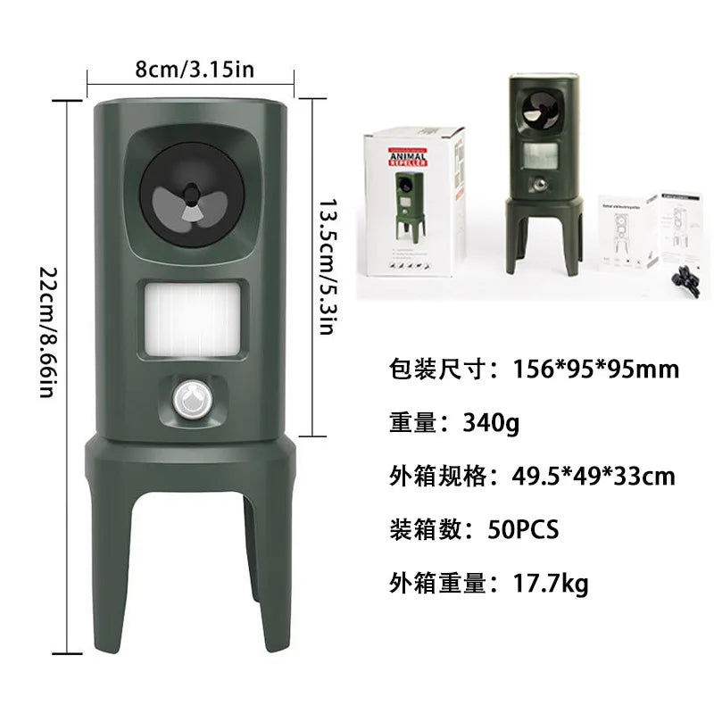 A dark gray solar ultrasonic animal repeller device with a motion sensor and a rectangular housing.