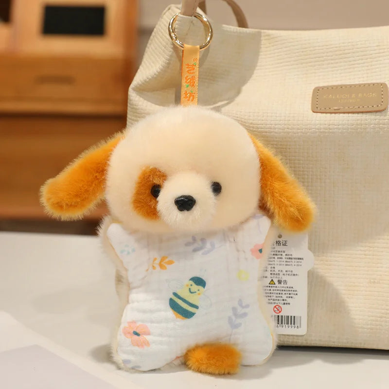 A fluffy, cartoon-style dog bean bag plush toy with orange and white fur is displayed in a light beige bag.