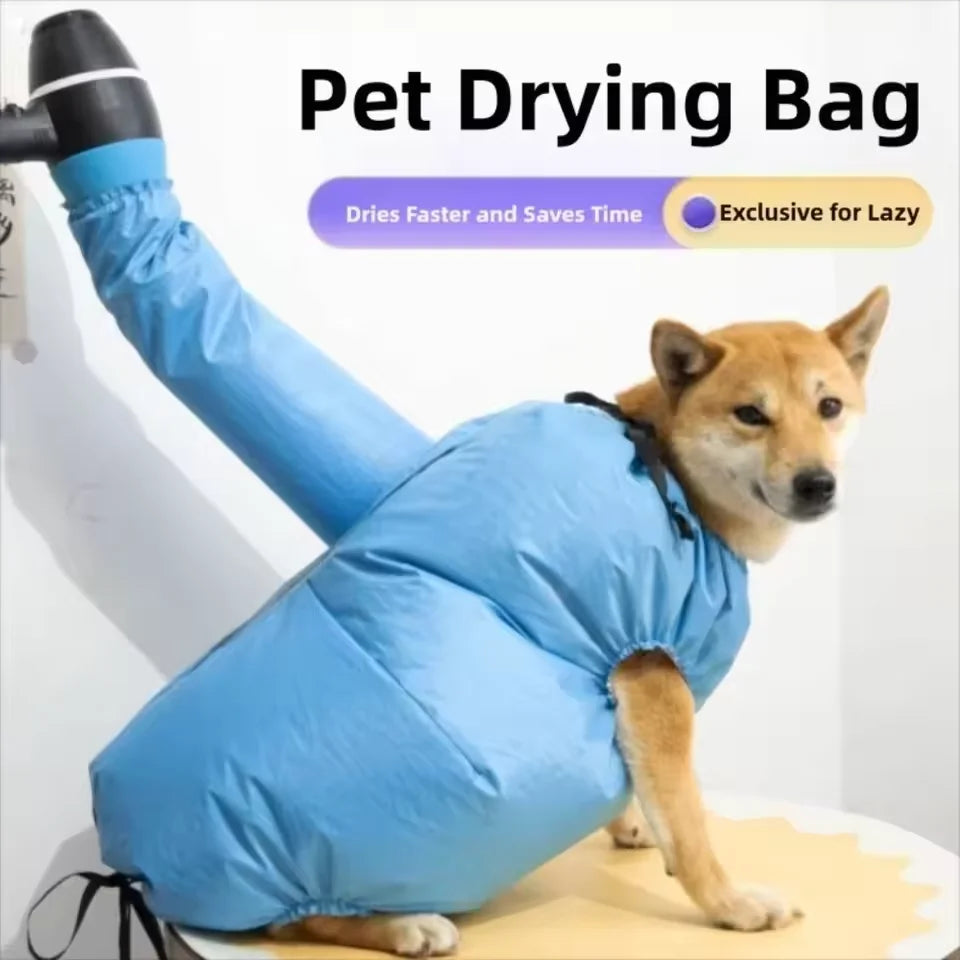 A blue pet drying bag is shown being used on a dog, emphasizing that it dries faster and saves time.