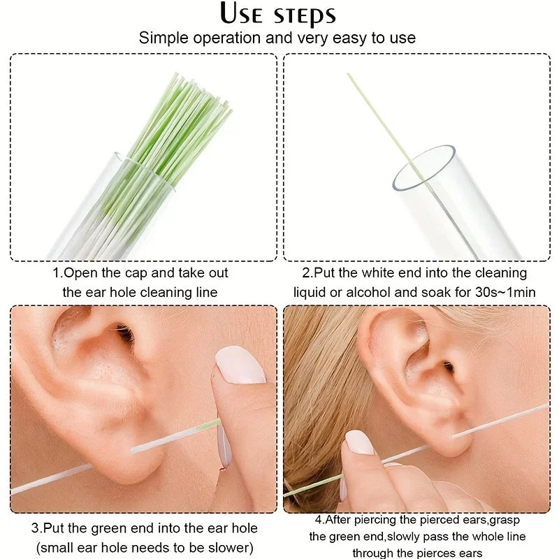 Instructions for using disposable ear cleaning tools, showing how to insert the green and white ends into the ear hole.