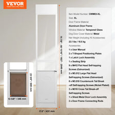 A white aluminum door frame and sliding pet door assembly with various hardware components shown in detail.