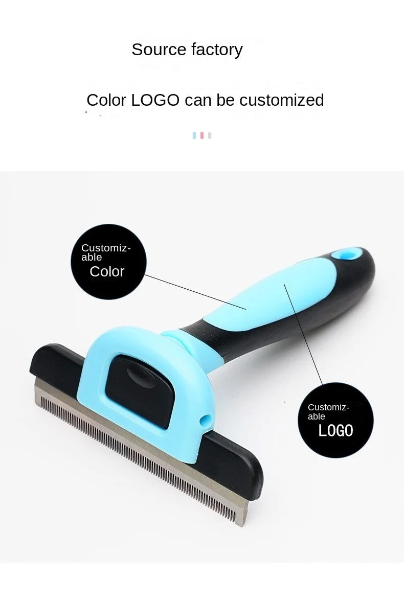 A black and light blue detachable pet hair grooming comb with a metal comb attachment.